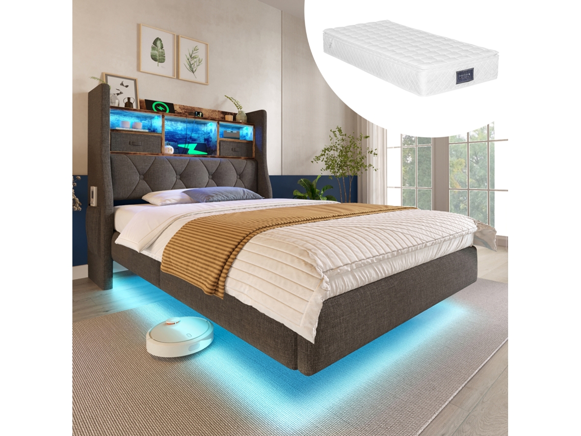 Cama Colgante De 90x200 Con Led, Usb-c Y 3 Puertos Usb, Cabecero Y Espacio De Almacenamiento, Con Colchón Incluido.