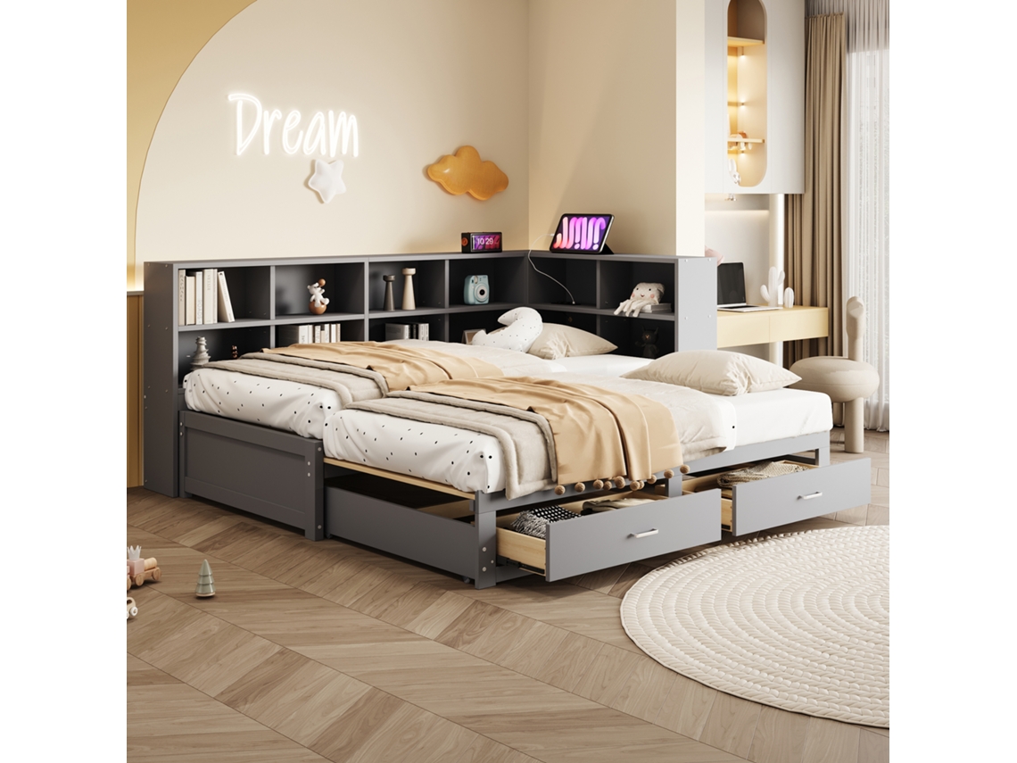 Sofá Cama 90/180x190cm, Con Cama Extraíble, Con Compartimento De Almacenamiento, Cajones, Somier, Cama Individual De Madera, Gris