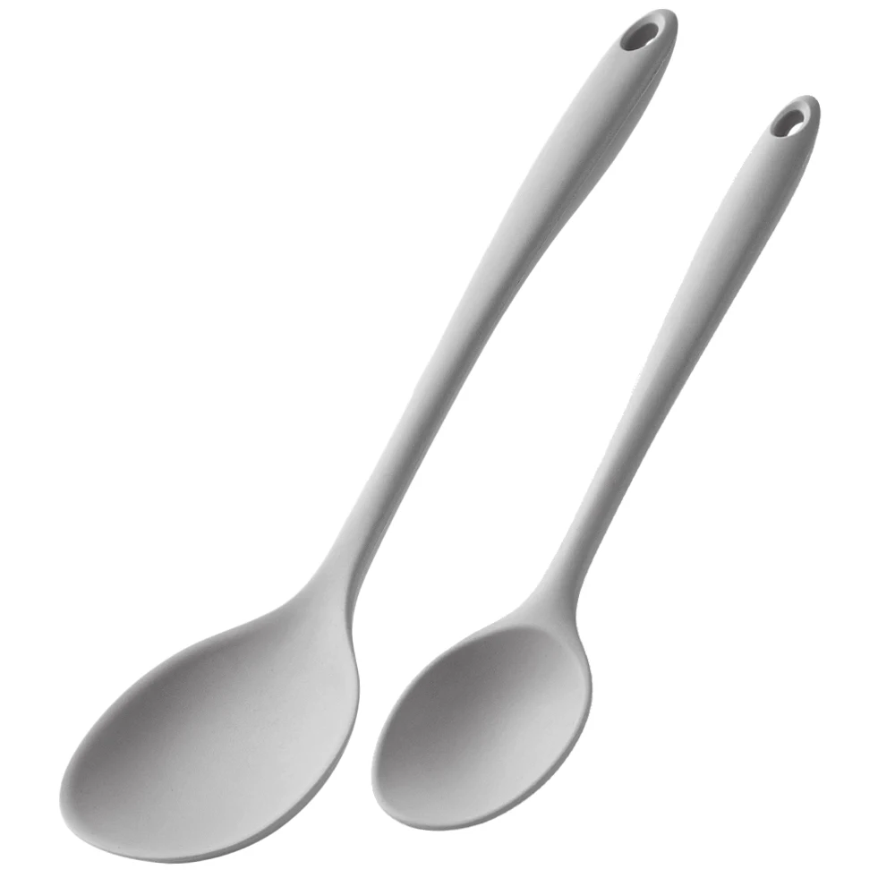 (Juego de 2 piezas, color gris) Cucharas de sopa de silicona, antiadherentes y resistentes al calor, con mangos largos, ideales para cocinar en casa.