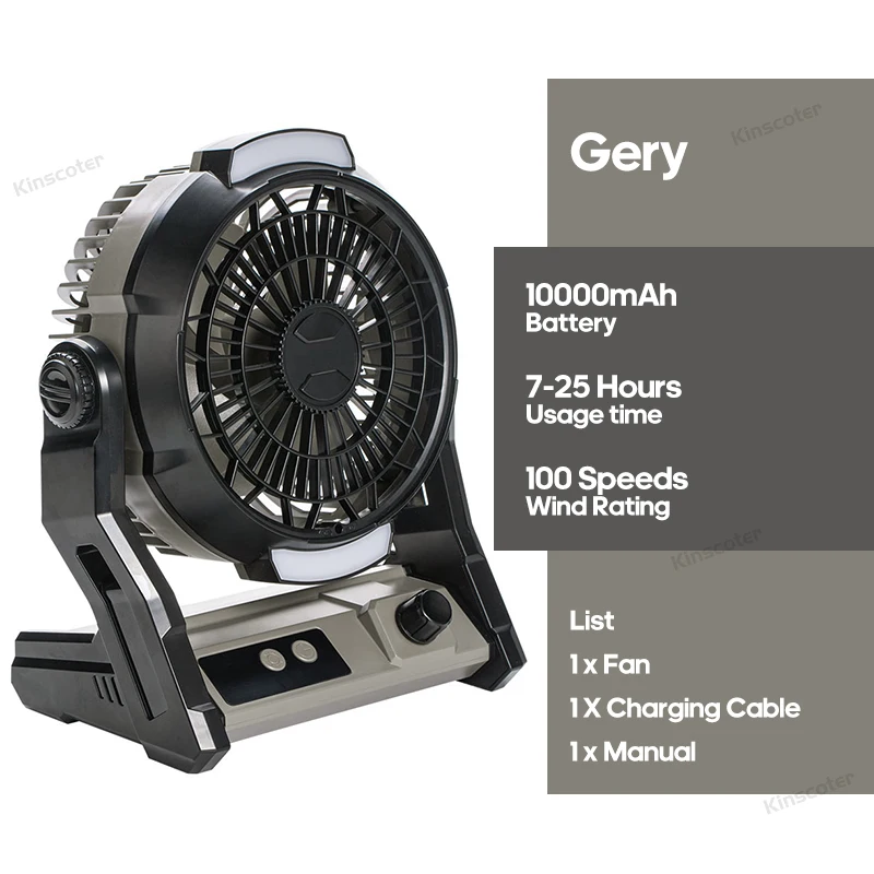 Ventilador De Camping Para Exteriores (gris), Ventilador De Escritorio De 10000 Mah, Iluminación Led.