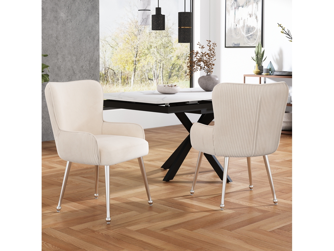Juego De 2 Sillas De Comedor De Terciopelo Beige Con Patas Y Reposabrazos Plateados.
