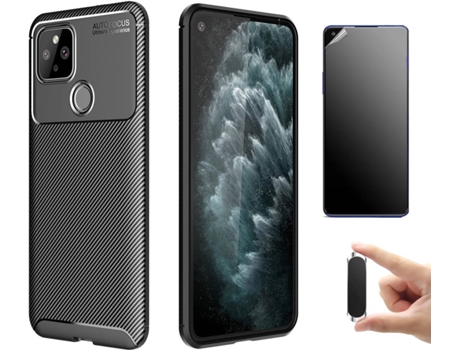 Kit Carcasa, Protector Y Soporte Google Pixel 5 Ultimatte Rugged Carbon Negro