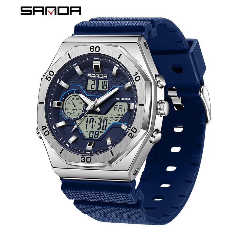Reloj Digital Para Hombre (azul), Doble Pantalla, Tres Zonas Horarias, Resistente Al Agua Y A Los Golpes. Reloj Deportivo.