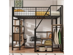 Cama Alta Multifuncional 140x200 Cm - Con Almacenamiento, Estantes Y Escalera - Color Negro