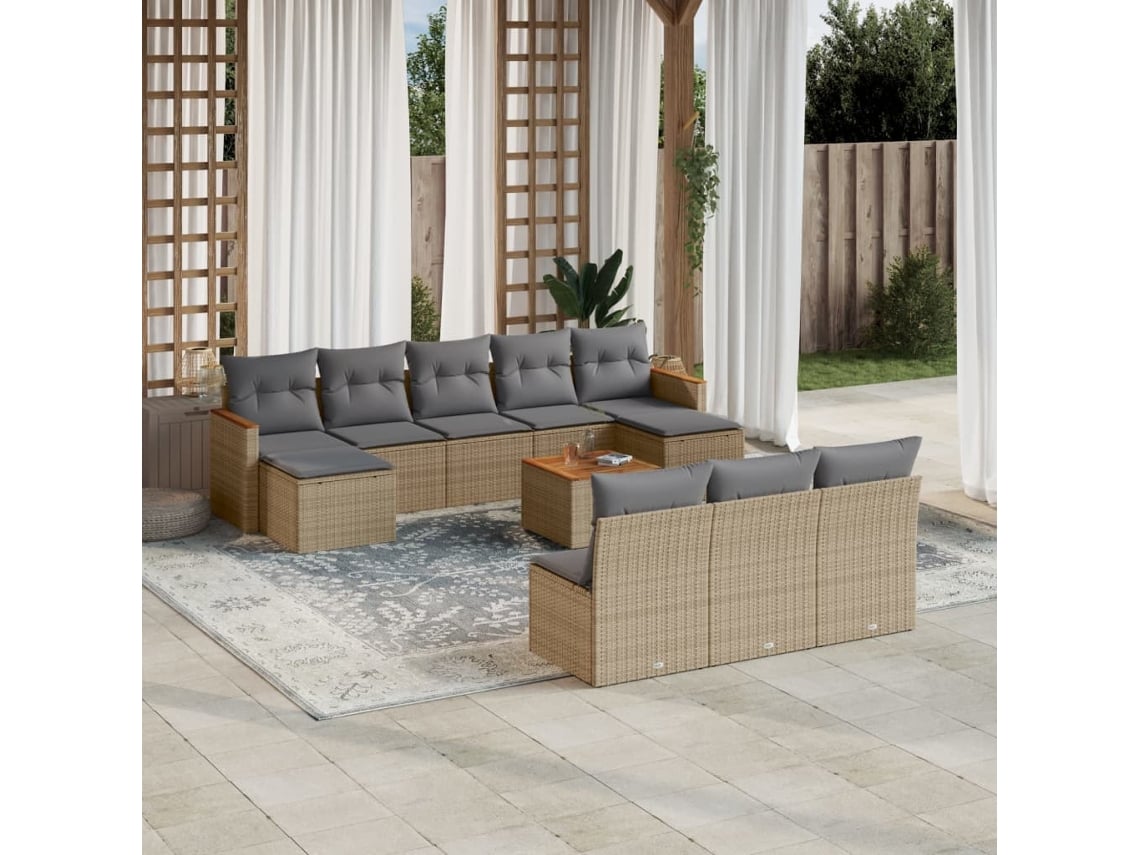 Conjunto de sofá de jardín de 11 piezas con cojines, mimbre sintético beige, DKD Home Decor