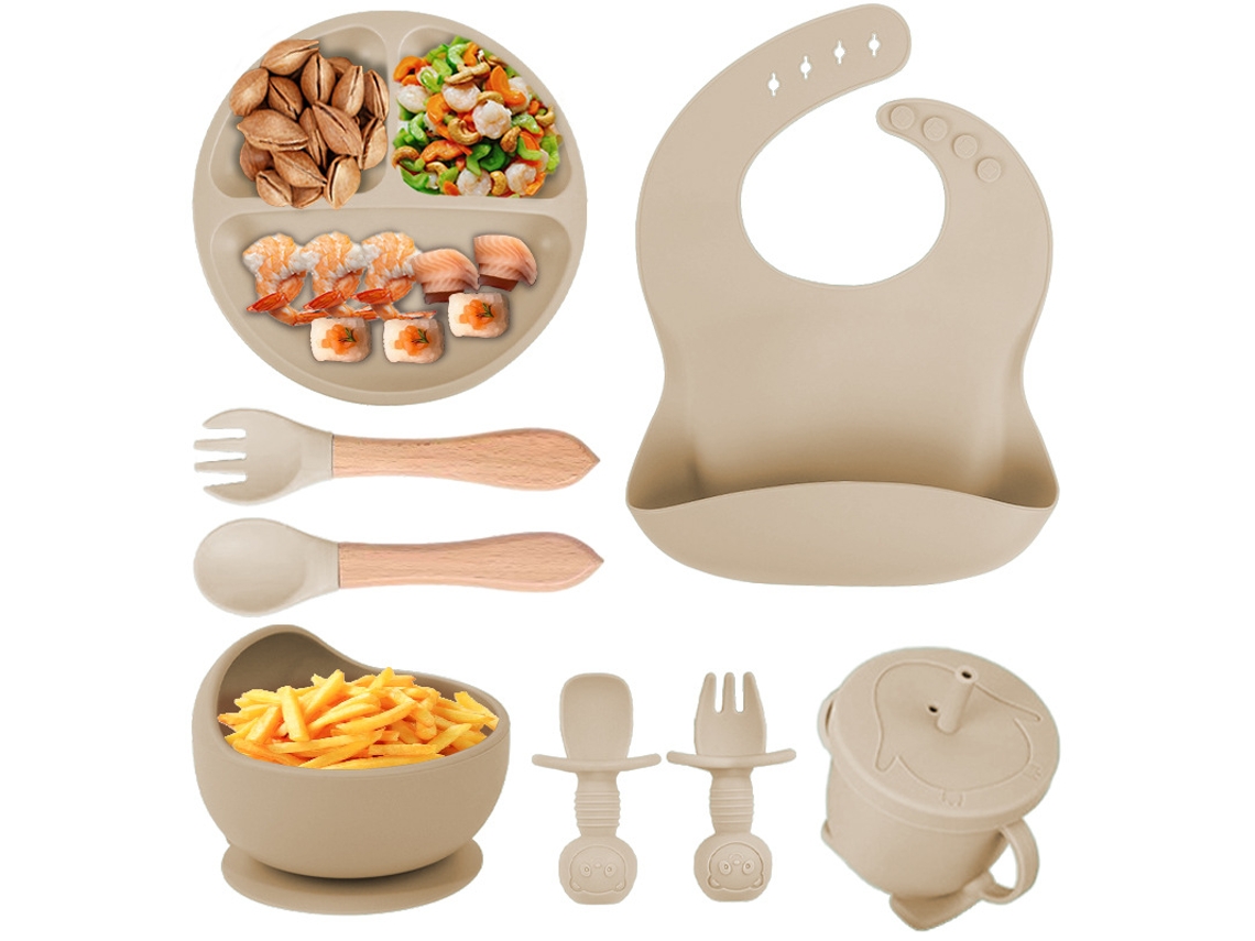 Juego de alimentación para bebés PANOONA de 8 piezas de silicona, que incluye vaso con ventosa, tazón, babero, cuchara, tenedor y vaso con pajita blanca.
