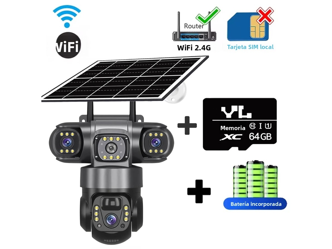 (tarjeta 64g) Cámara De Seguridad, 3 Lentes, Wifi, Energía Solar, Visión Nocturna Hd, Alarma.