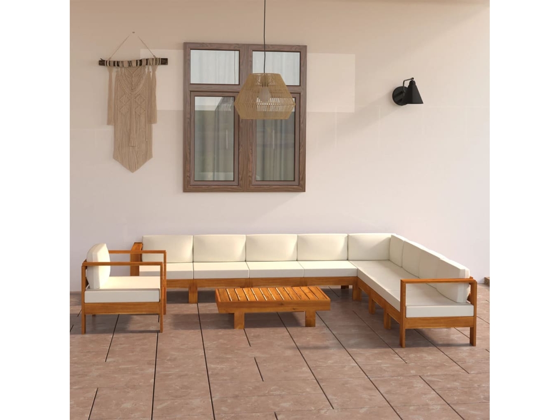 Conjunto de jardín de 10 piezas con cojines de acacia color crema y blanco DKD Home Decor