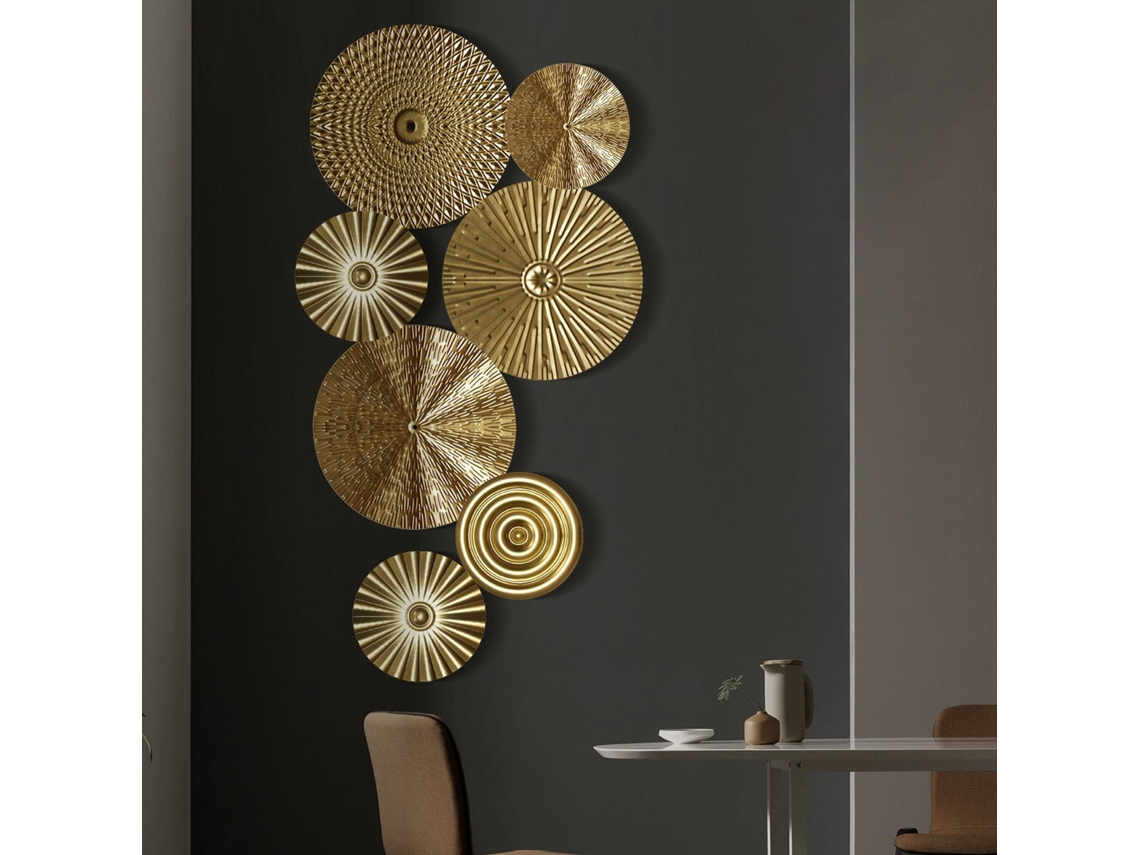 Adorno de pared redondo de metal dorado creativo y exquisito con forma de disco para inaugurar su hogar como regalo.