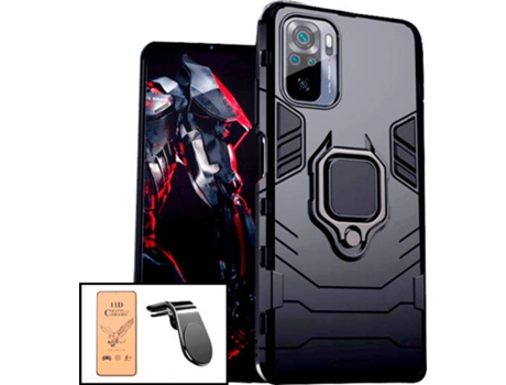 Kit Cristal Templado CeramicGlass Full Cover, Funda 3X1 Military Defender y Soporte Magnético L Sade Driving Xiaomi Redmi Note 10s PHONECARE Negro