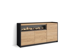 Aparador de comedor, 156x37x80cm, 3 puertas, chimenea eléctrica, roble y negro.