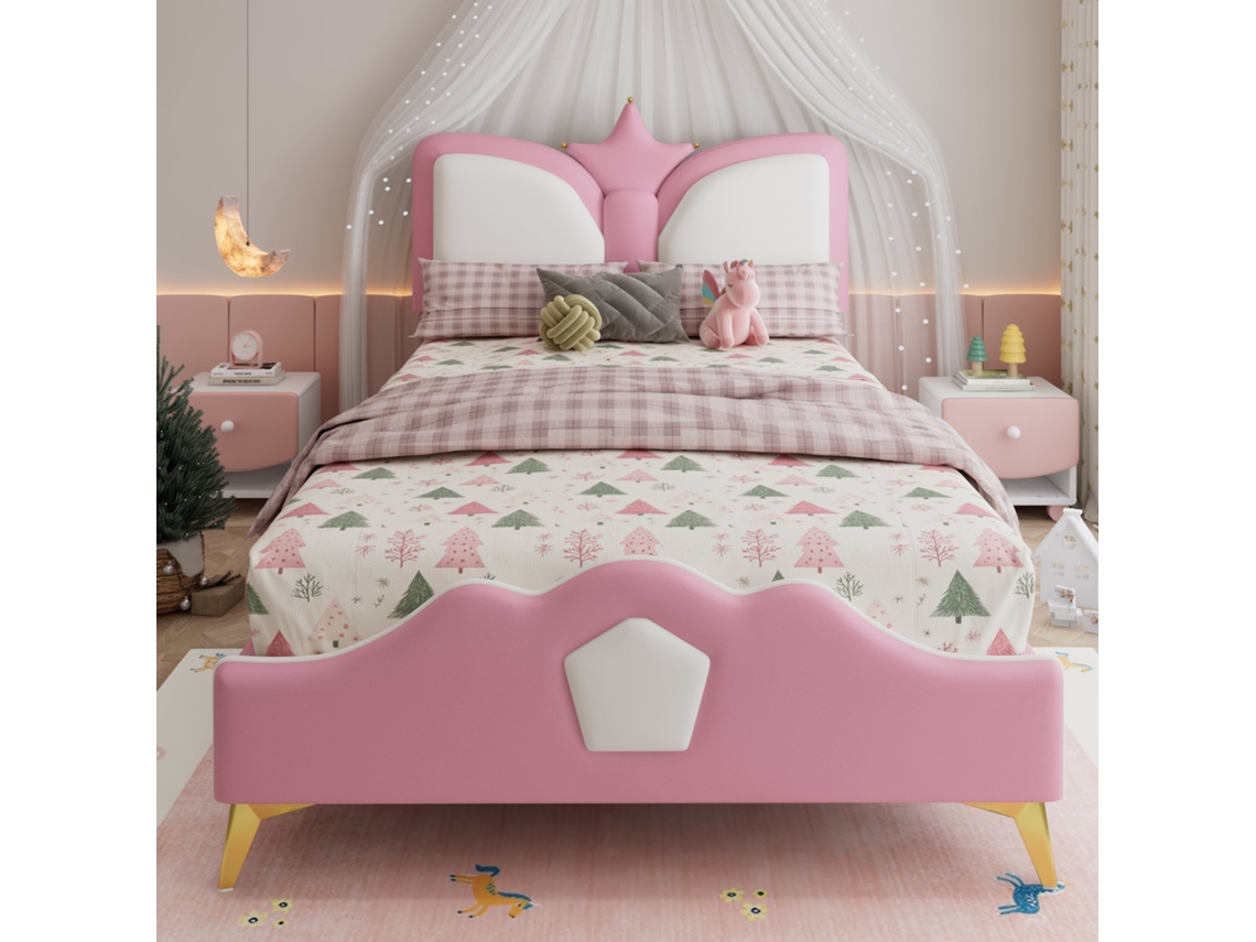 Cama Infantil 90x200cm, Cabecero Corona, Acolchado Anticolpes, Marco Pu/metal, Capacidad 136kg, Sin Colchón, Rosa Y Blanco