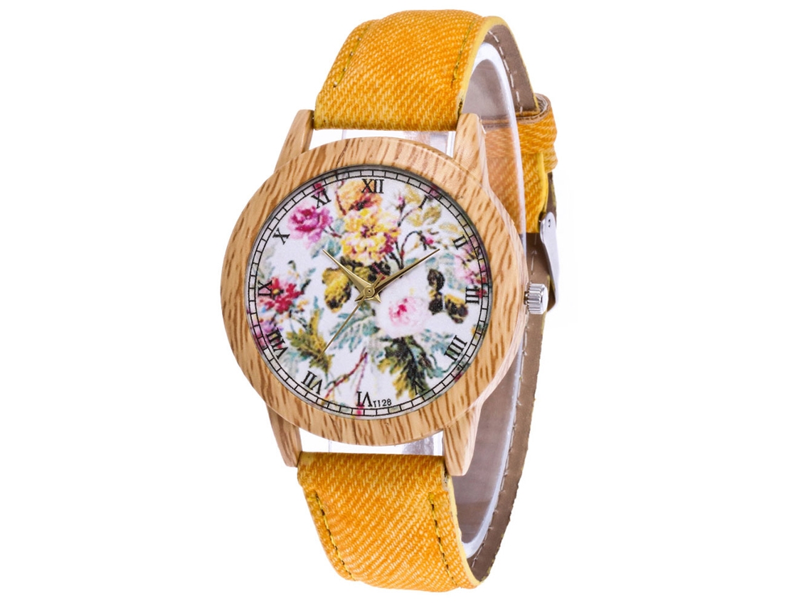 Reloj De Pulsera De Cuarzo Para Mujer Con Esfera Floral Y Correa De Tela Vaquera Amarilla.