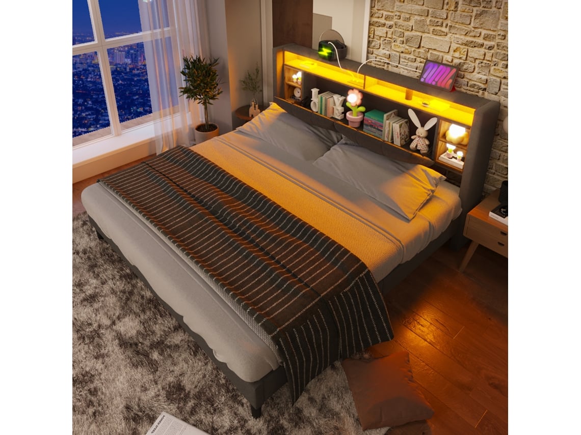 Cama De 160x200 Cm Con Cabecero Led Usb, Color Gris Madera, Colchón No Incluido.