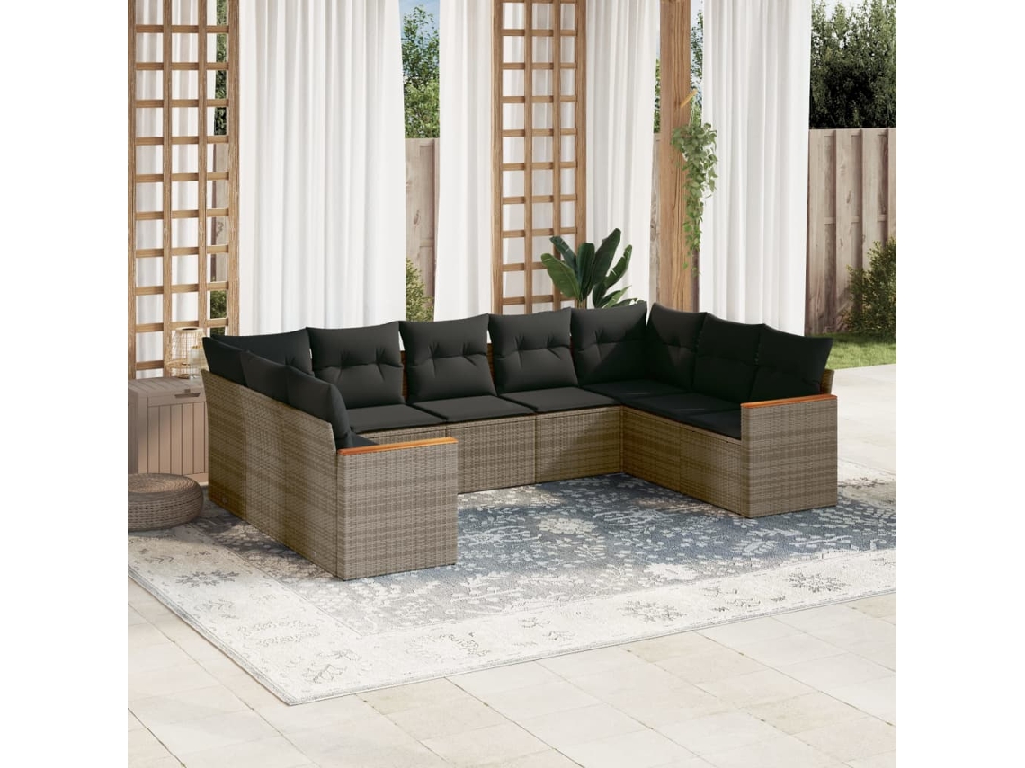 Conjunto de sofá de jardín de 9 piezas con cojines, mimbre gris, DKD Home Decor