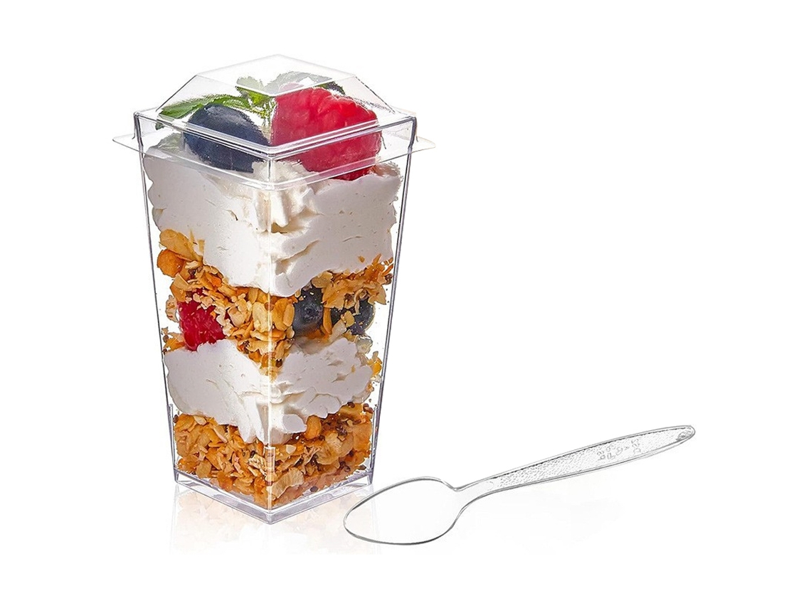 KOFIHETY 30 Piezas de Vasos de Plástico para Postre con Tapa, para Yogur o Aperitivo, Vasitos con Cucharas para Puding, Fruta y Helado