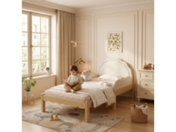 Cama Infantil Tapizada 90x200 Cm - Cabecero De Pu, Barandillas Laterales, Somier De Láminas Resistente, Estructura De Madera, Diseño Infantil - Beige Y Natural