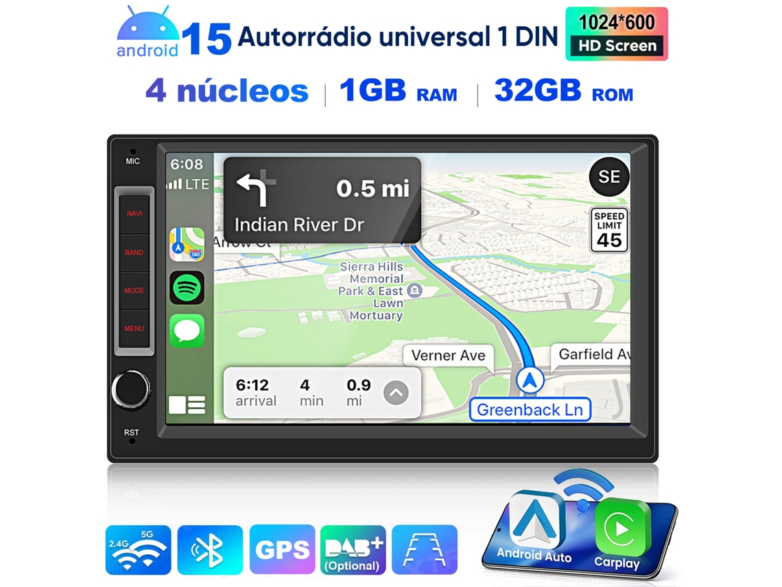 Radio Para Coche Junsun 1 Din De 7" Ips, 1 Gb + 32 Gb, Android 15, Wifi, 4 Núcleos, Carplay Inalámbrico, Rds, Gps, Dsp, Android Auto.
