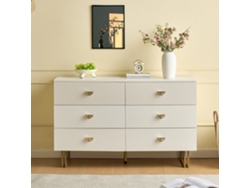 Aparador Moderno 120x40x75 Cm - 6 Cajones, Diseño Elegante, Mdf Y Acero, Blanco Y Detalles Dorados