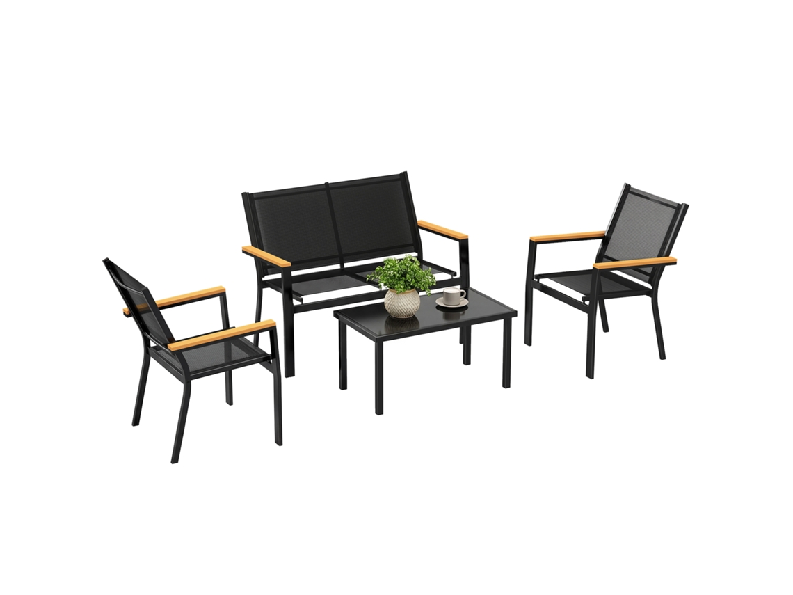 Conjunto de muebles de jardín de metal para 4 personas: sofá de 2 plazas, silla y mesa - Negro