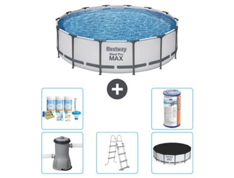 Piscina BESTWAY Round Steel Pro MAX - 427 x 107 cm - Gris - Bomba incluida - Escalera - Cobertor Paquete de mantenimiento - Filtrar
