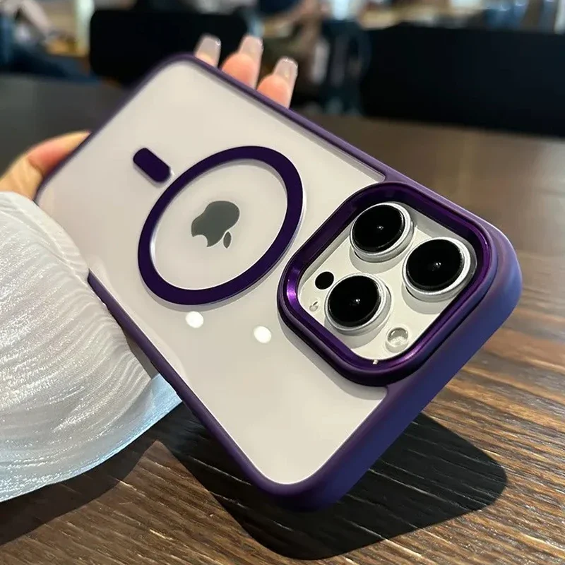 (iphone 13 Pro Max, Morado Oscuro) Funda Protectora Transparente Magnética Para Carga Inalámbrica Magsafe, Marco A Prueba De Golpes.