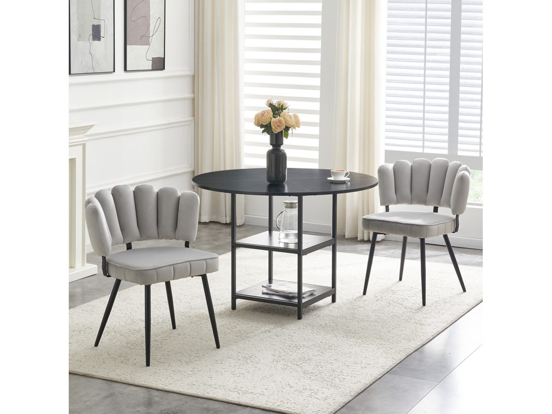 Conjunto comedor 107 cm - mesa redonda 2 niveles almacenaje + 2 sillas gris claro floral, tela, estilo industrial - negro/gris claro