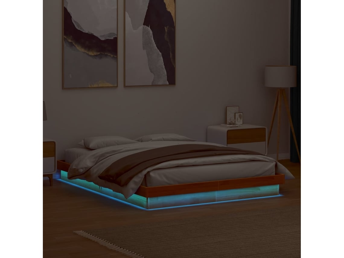 Estructura De Cama Led Madera Maciza Pino Marrón Cera 160x200cm