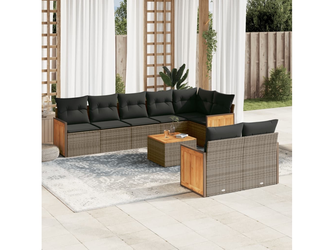 Conjunto de sofá de jardín de 9 piezas con cojines, mimbre gris, DKD Home Decor
