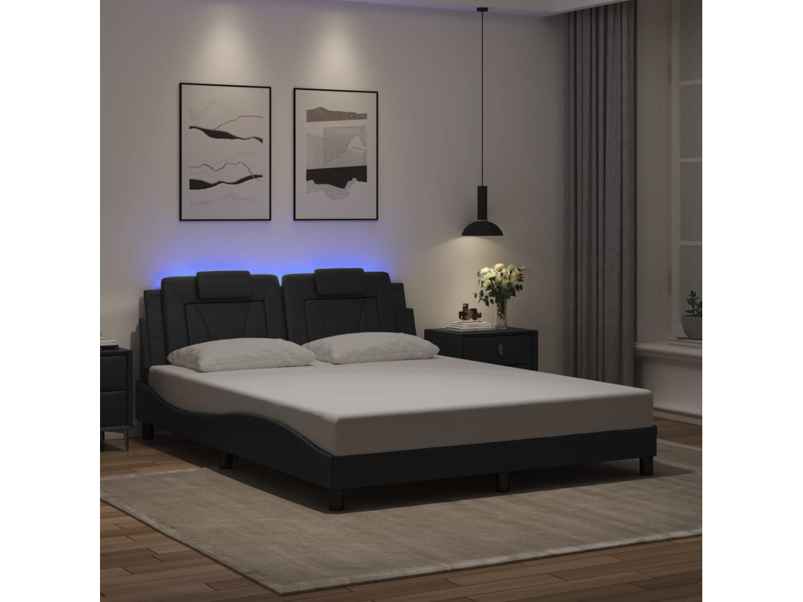 Estructura De Cama Con Luces Led Cuero Pe Negro 160x200 Cm