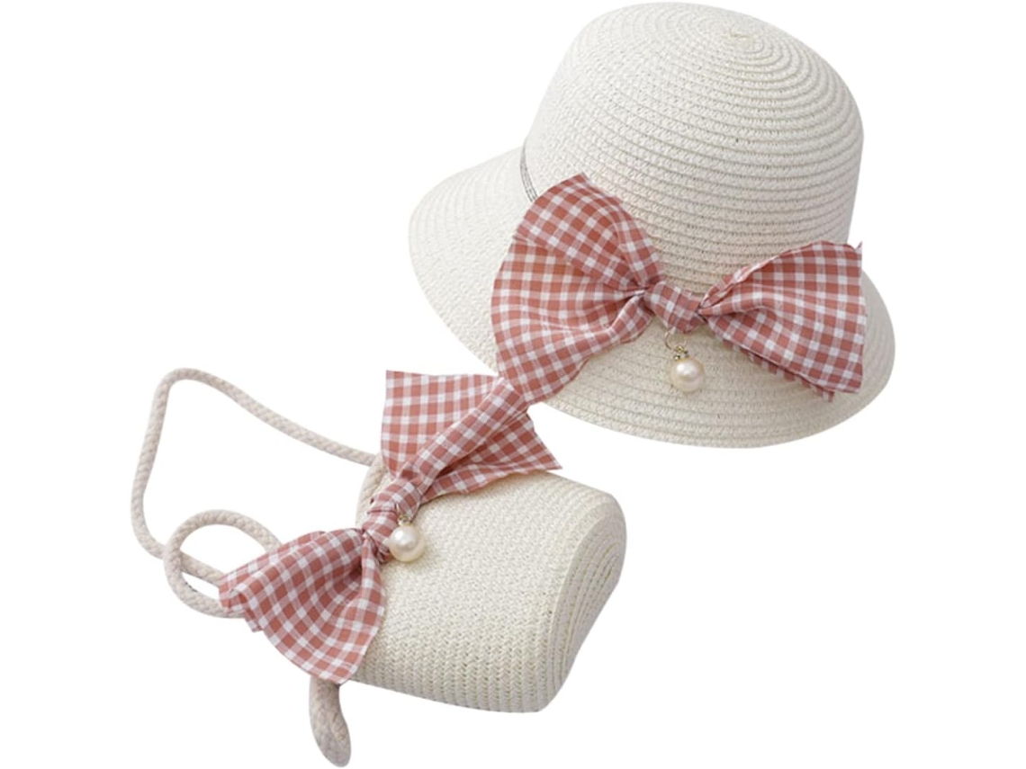 Sombrero De Playa De Paja Y Red Para Niños, Sombrero De Bambú Rosa