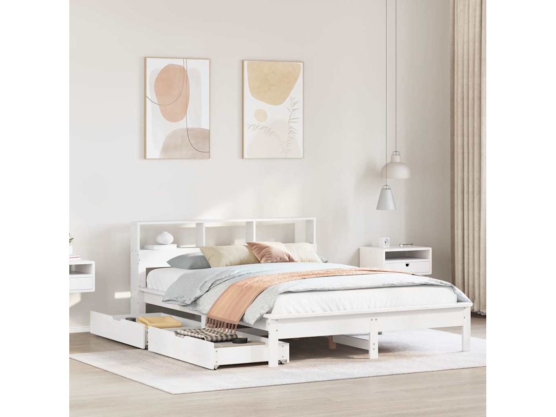 Cama Con Estantería Sin Colchón Madera Maciza Blanca 140x190 Cm