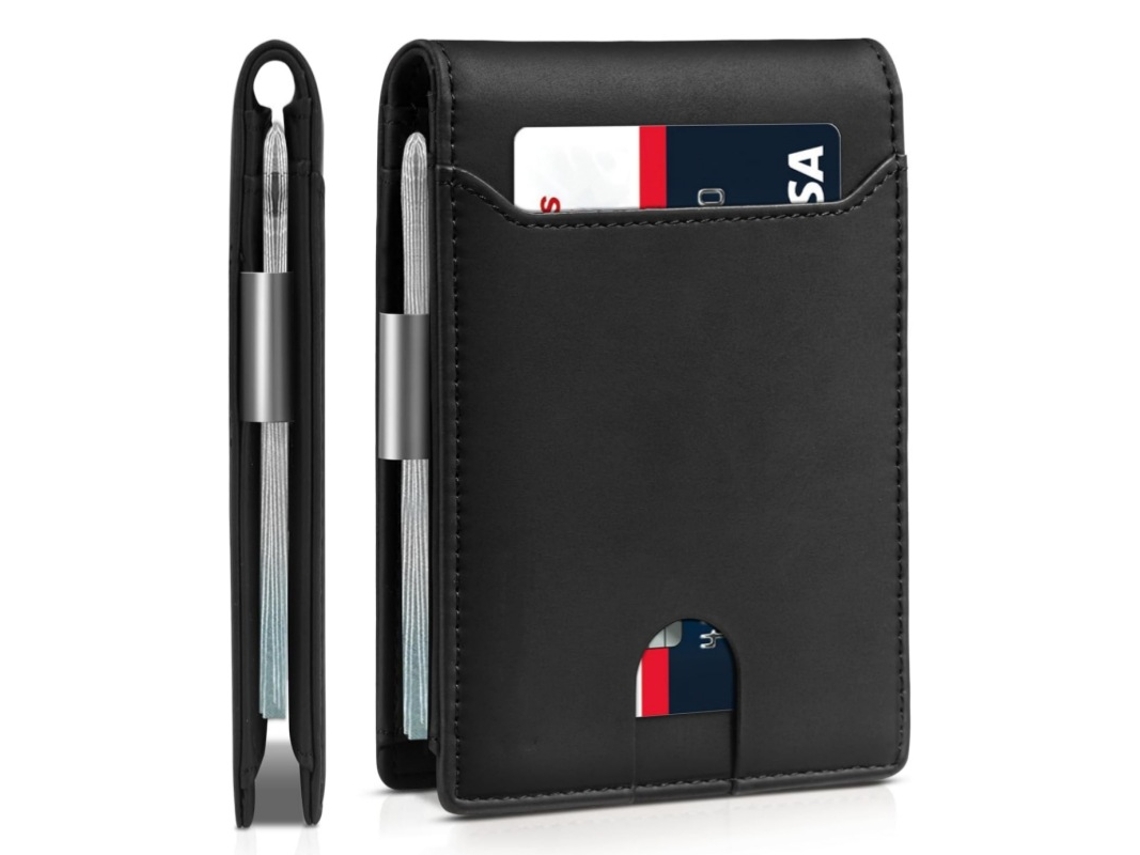 Tarjetero para hombre con protección RFID, diseño delgado y minimalista, y clip para billetes - Negro Panoona