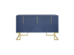 Aparador moderno con estantes ajustables, 3 puertas en forma de U, tiradores y base de metal azul Mobrio