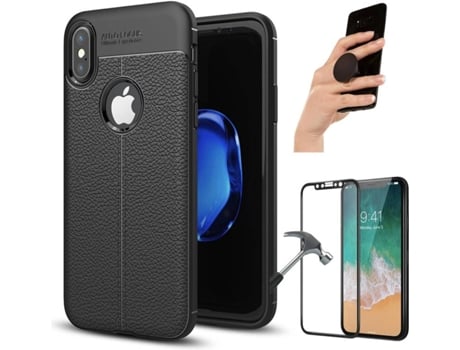 Carcasa + Protector + Popsocket iPhone X Rugged Leather Negro