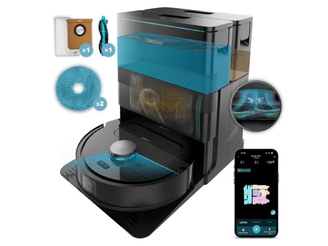 Aspiradora y fregadora robótica Conga X50 X Treme con base autoexpulsable y aplicación. Navegación láser, mapeo interactivo, 15000 Pa, autónoma. Cecotec