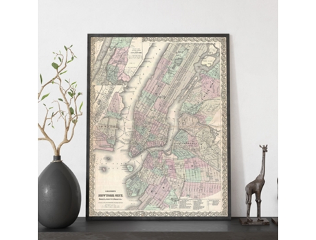 NACNIC Pósters Geográficos En Vintage Mapa De Nueva York De 1865 Ilustraciones De Antiguos Mapamundis En Tonos Sepia Tamaño A3 Con Marco Color Made...