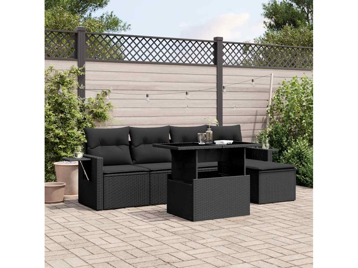 Conjunto de sofá de jardín de 6 piezas con cojines, mimbre sintético negro, DKD Home Decor