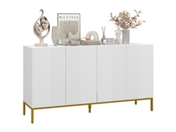 Aparador de diseño contemporáneo con 2 armarios, metal dorado y madera blanca.