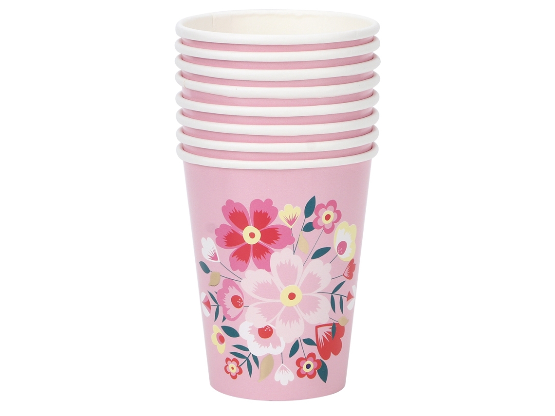 8 vasos de papel desechables de 270 ml con estampado floral, para café y fiestas.