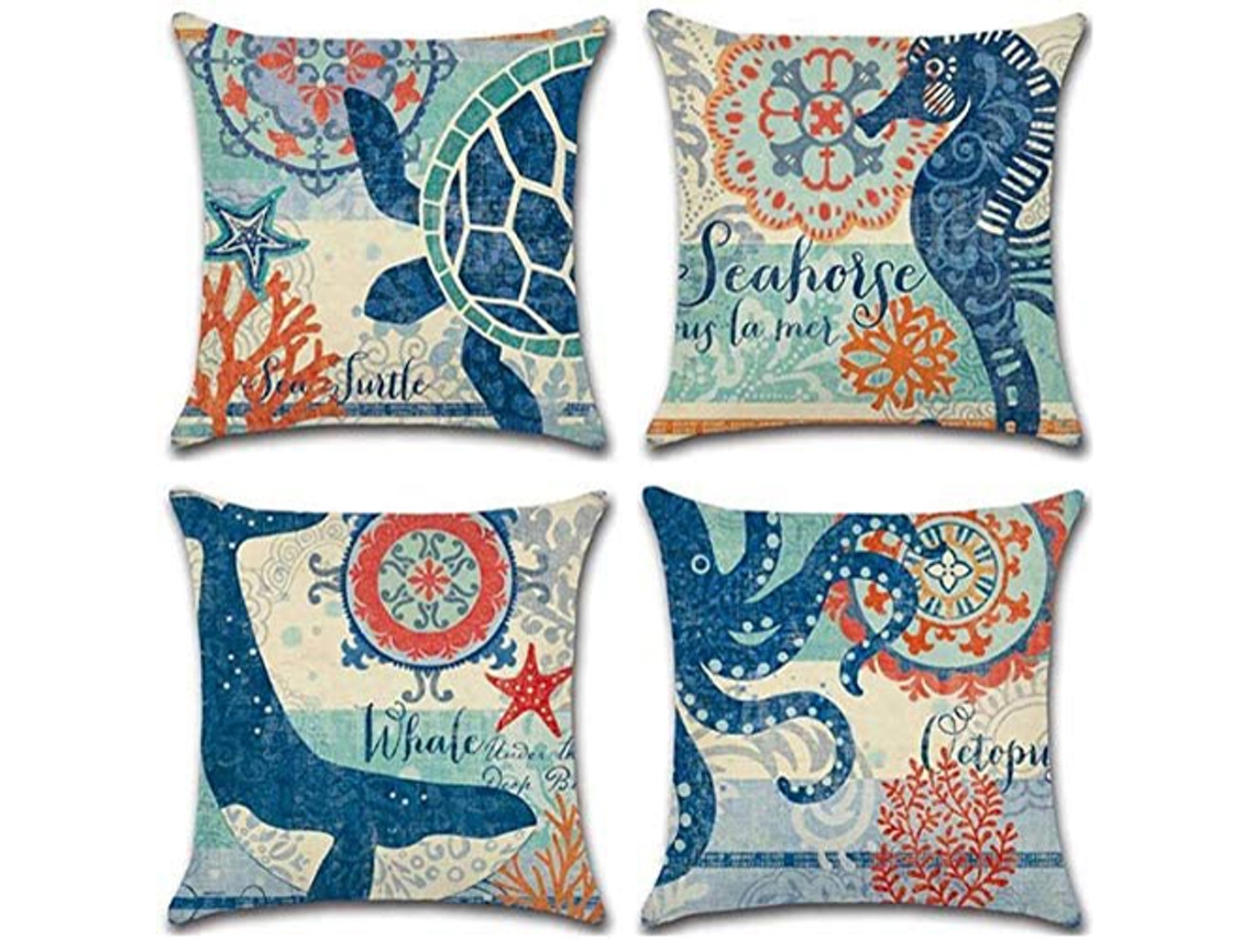 Juego De 4 Fundas De Almohada Con Temática Oceánica, Estilo Marino Decorativo