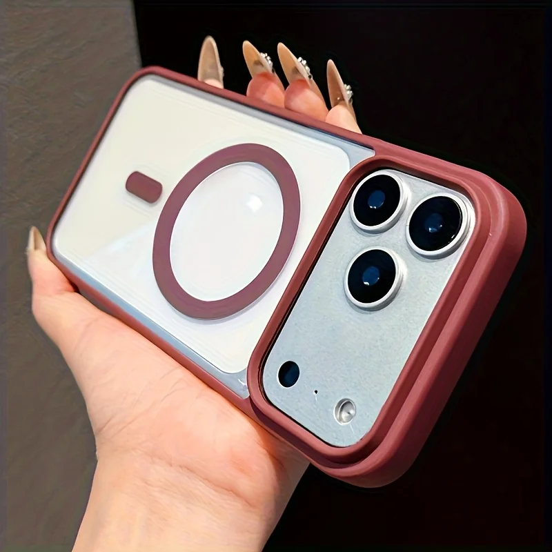 (iphone 16 Plus, Color Burdeos) Funda Protectora Magnética Magsafe Con Carga Inalámbrica Y Cubierta Trasera Rígida Transparente.