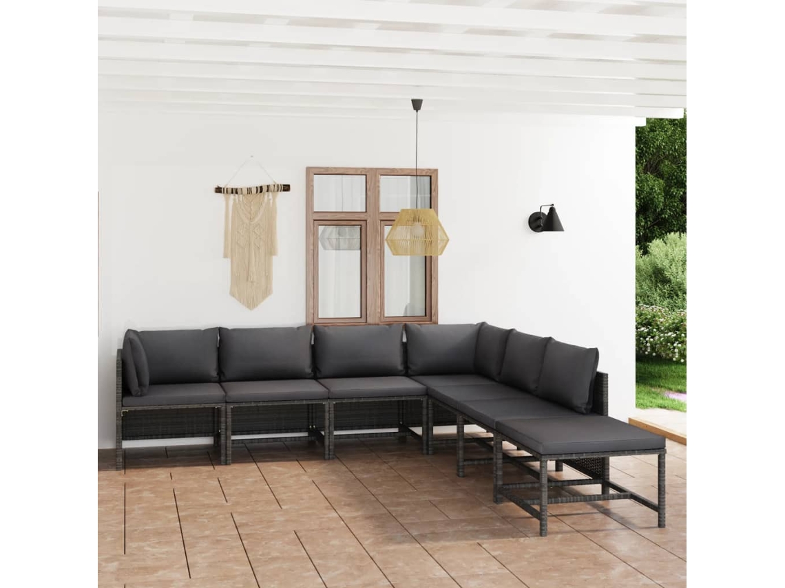 Conjunto de jardín DKD Home Decor de 7 piezas con cojines de mimbre gris