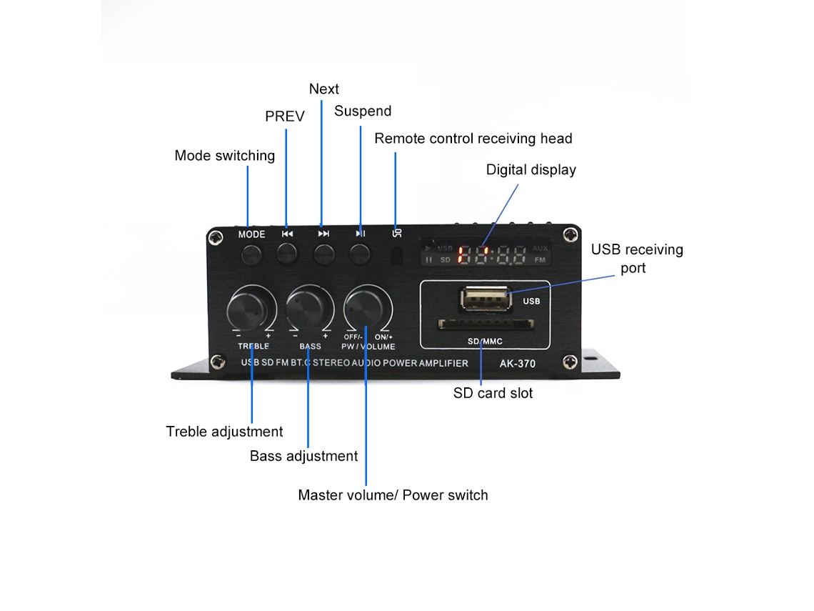 Mini Amplificador De Audio De 12 V Ak370 Bt Usb Sd Fm Lcd Control Remoto 20w+20w Graves Agudos
