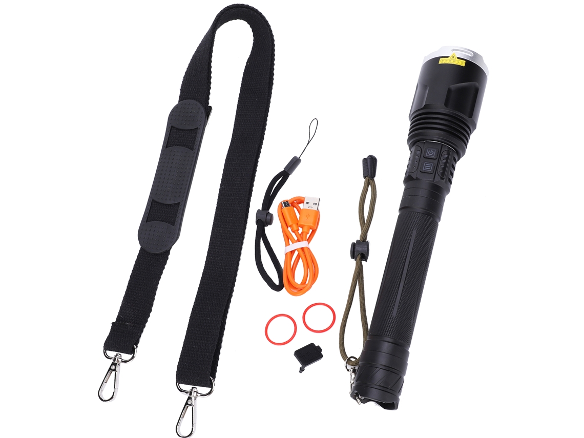 Linterna recargable potente Anub XHP110 con cinturón portátil para exteriores y pantalla de batería.