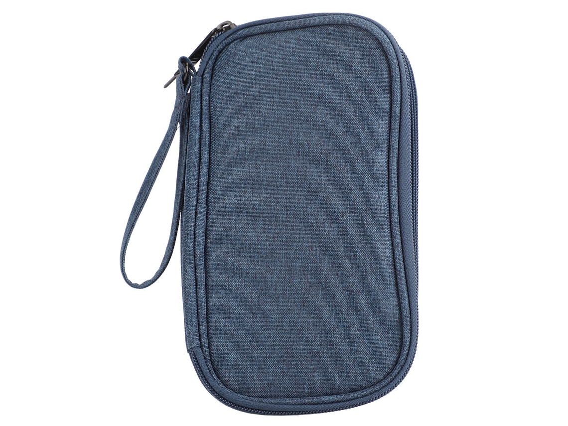 Organizador electrónico portátil de doble tapa azul oscuro para cargadores, cables, auriculares y teléfonos de viaje.