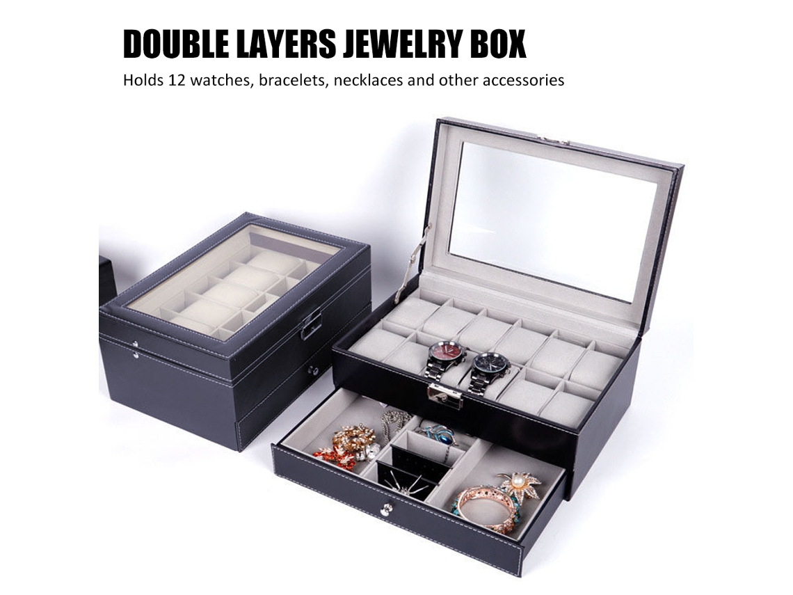Caja De Almacenamiento De Joyas De Dos Niveles Con 12 Compartimentos Para Relojes, Pulseras, Collares Y Accesorios.