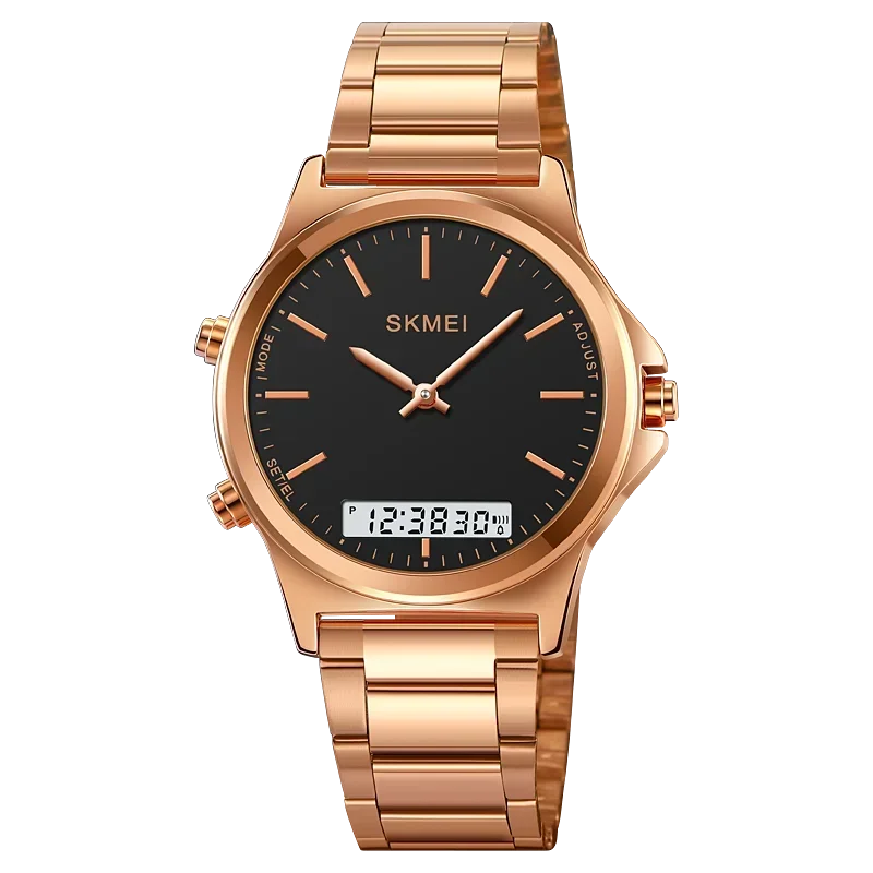 Reloj Cronógrafo Digital Retroiluminado De Triple Zona Horaria (oro Rosa Y Negro) / Reloj Deportivo