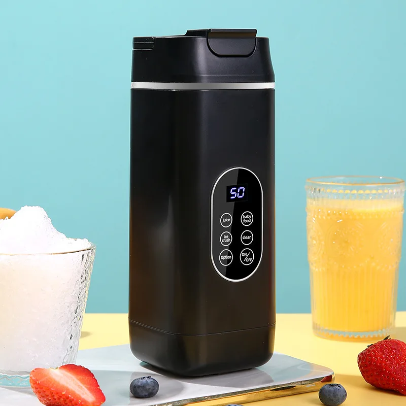 (Negro) Exprimidor de frutas inalámbrico con función de prensa de hielo, coctelera eléctrica con 12 cuchillas, recargable por USB