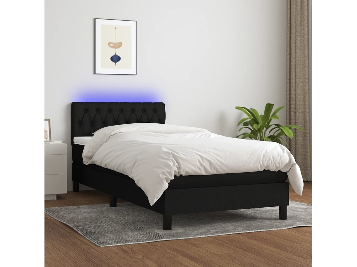 Cama Box Spring Colchón Y Luces Led Tela Negro 90x190 Cm